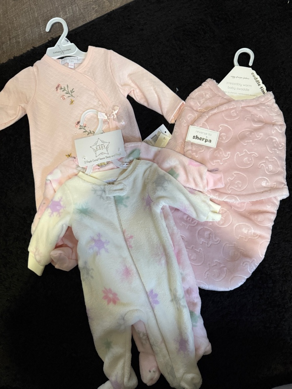 SOLD *** Baby Gear White & Pink Floral Fleece Sleepers - 2 Pack